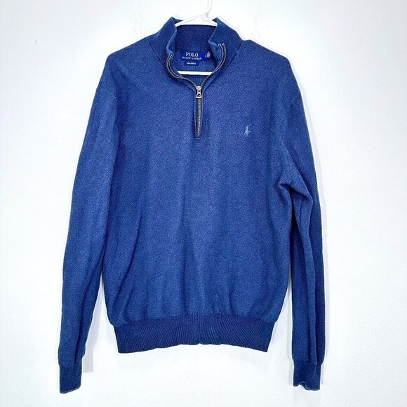 Polo Ralph Lauren Blue Quarter Zip 100% Pima Cotton Longsleeve Sweater Size L - Picture 1 of 7